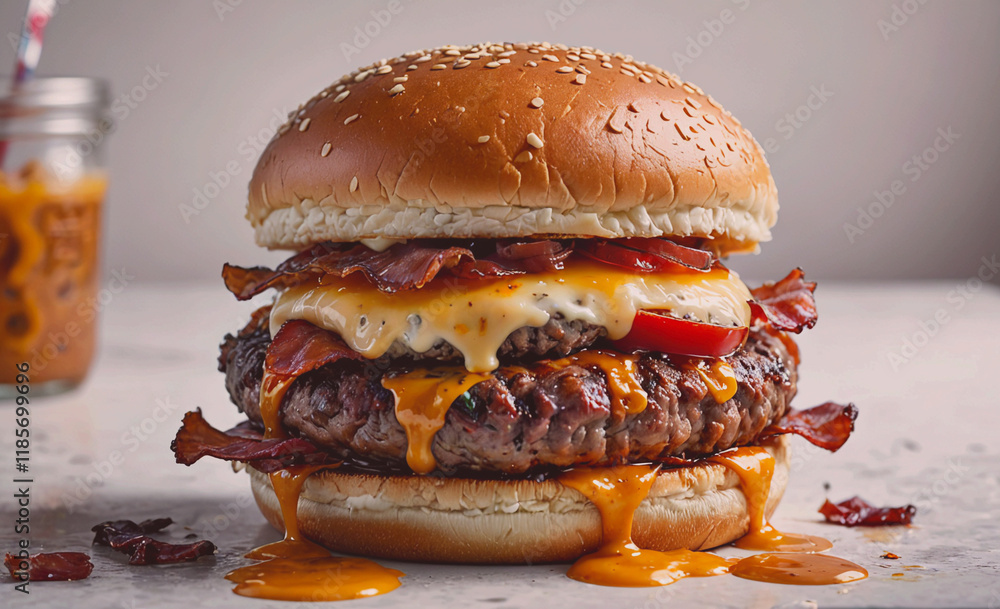 Poster hamburger with cheese and bacon on it. the bun is brown and the cheese is melted