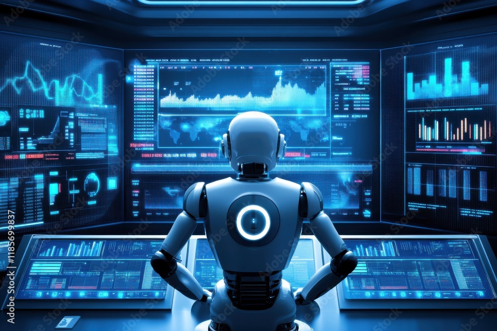 Poster high-tech control room showcasing robots managing digital dashboards efficiently