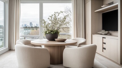 Modern lounge with beige armchairs, round wooden table, large window with city view, neutral wall, built-in storage. Concept of interior design. 3D Rendering.