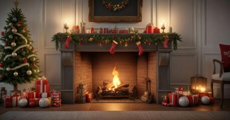 A beautifully decorated fireplace mantel with festive Christmas ornaments, garlands, and stockings, whimsical decor, beautifully decorated fireplaces