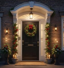 A beautifully decorated Christmas wreath on the front door of a house , inviting, seasonal decoration