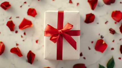 Obraz premium beautifully wrapped gift surrounded by rose petals, perfect for Valentine Day