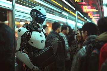 Humanoid robot travels in a busy subway car with passengers