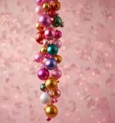 Fototapeta premium A beautiful garland made of colorful Christmas ornaments suspended on a soft pink background, creating a cozy and inviting ambiance, pink background, winter decoration