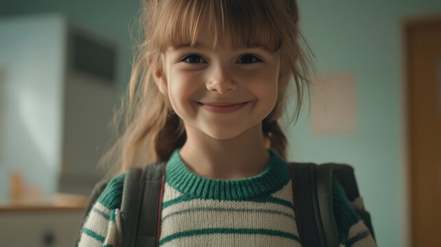 Cute girl in a green and white striped sweater smiling happily for her first day back to school with a backpack in a cheerful classroom setting - Powered by Adobe