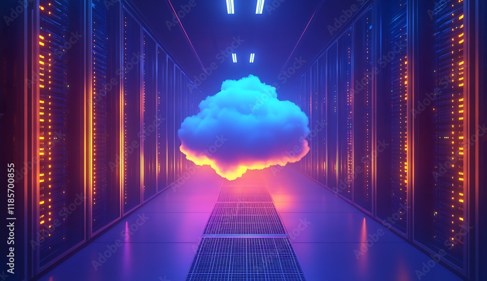 Poster cloud computing: a futuristic, abstract concept of cloud computing depicted as a glowing, ethereal c