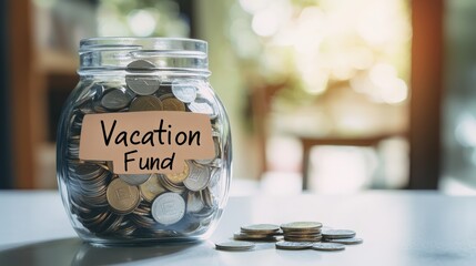 a glass jar filled with coins labeled "Vacation Fund"