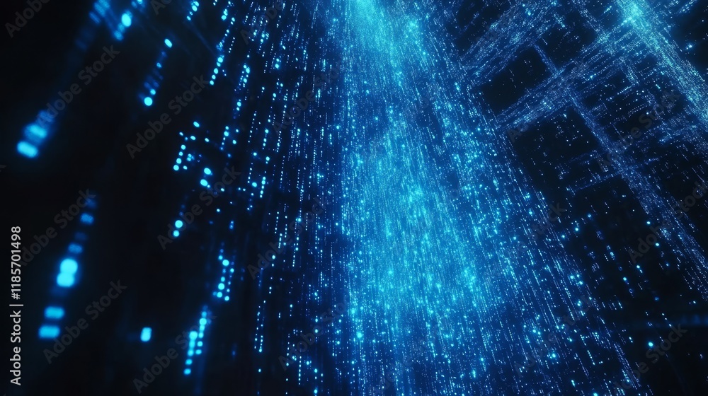 Poster glowing blue data stream in a virtual space with digital effects