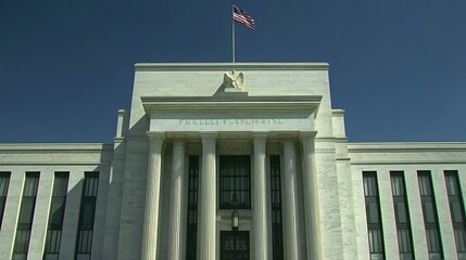 Federal Reserve building facade standing strong and secure, symbolizing economic stability and the central role of financial institutions in modern society.