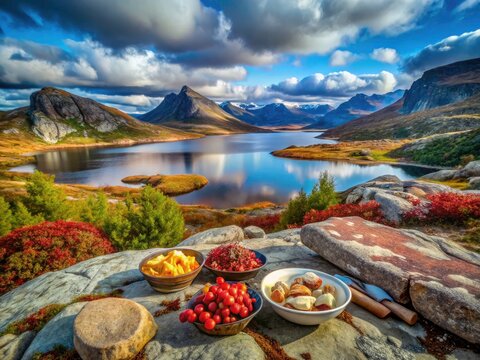 Dramatic panoramic view of Tyin, Norway's fjell mountains and lakes, showcasing breathtaking scenery and delicious food.