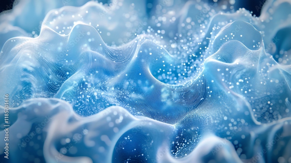 Poster abstract blue wave pattern with fine particles and curved layers