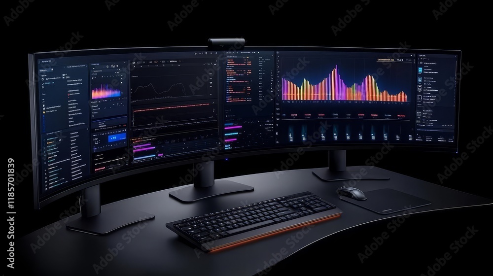 Poster high-tech triple monitor setup displaying data analytics and vibrant visuals.