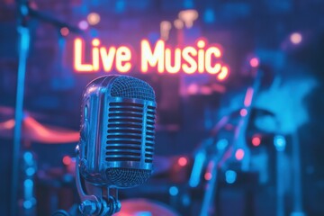 Vintage microphone with neon sign highlighting live music atmosphere