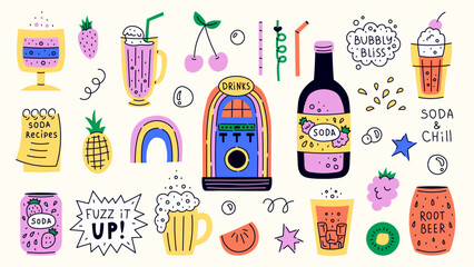 Retro Cold Drinks Vector Set. Hand drawn illustrations of vintage beverage cocktail soda lemonade root beer in glass bottle mug can stickers