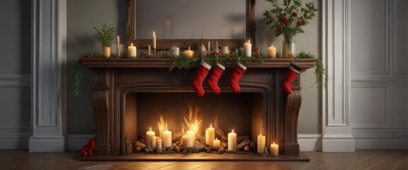 A decorated mantelpiece with stockings, holly, and candles , festive, holly