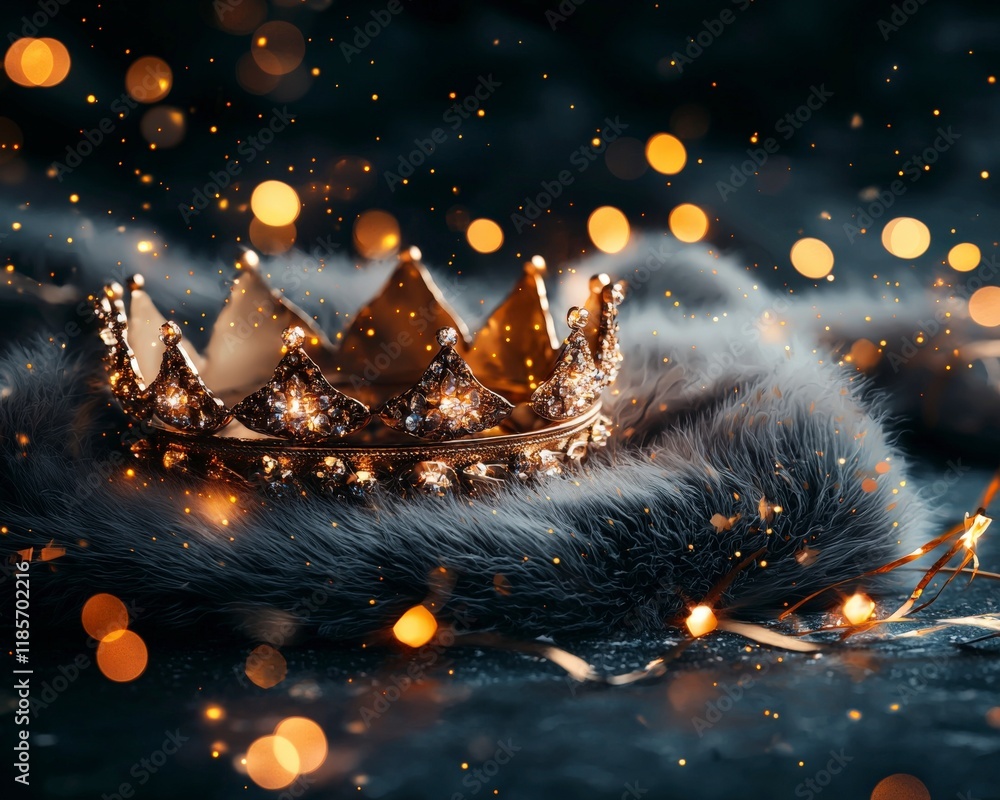 Poster sparkling golden crown on soft fur with glowing bokeh lights in elegant setting