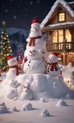 Obraz premium A group of snowmen building a snowfort, with Christmas decorations scattered around them, festive atmosphere, , snowmen