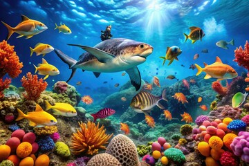 Explore vibrant coral reefs; photograph majestic ray sharks, graceful sea turtles, and colorful fish.