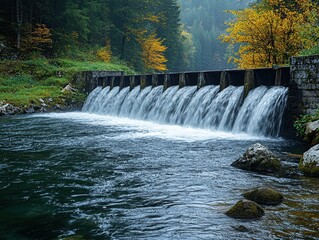 Scenic River with Waterfall and Autumn Foliage