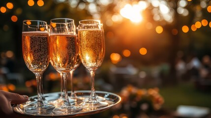 Refreshing sparkling drinks served in elegant glasses at a sunset gathering.