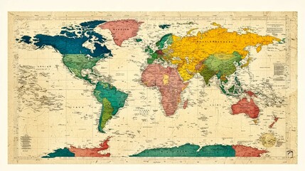 Vintage World Map: Antique Travel Atlas, Global Exploration, Geography Chart © Black_Stock