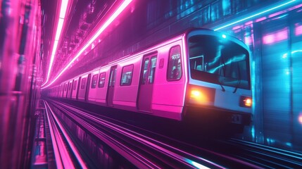 Fototapeta premium Pink neon lights illuminate a speeding train in a futuristic subway. Perfect for illustrating speed, technology, or urban transportation concepts.