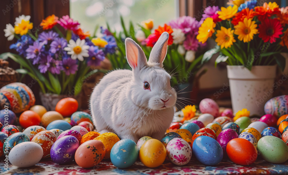 Poster White rabbit is sitting on a table with many colorful eggs. The eggs are scattered around the rabbit, and there are also some flowers in the background