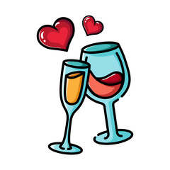 Made in uk Two glasses clinking, hearts floating, symbolize love and celebration.