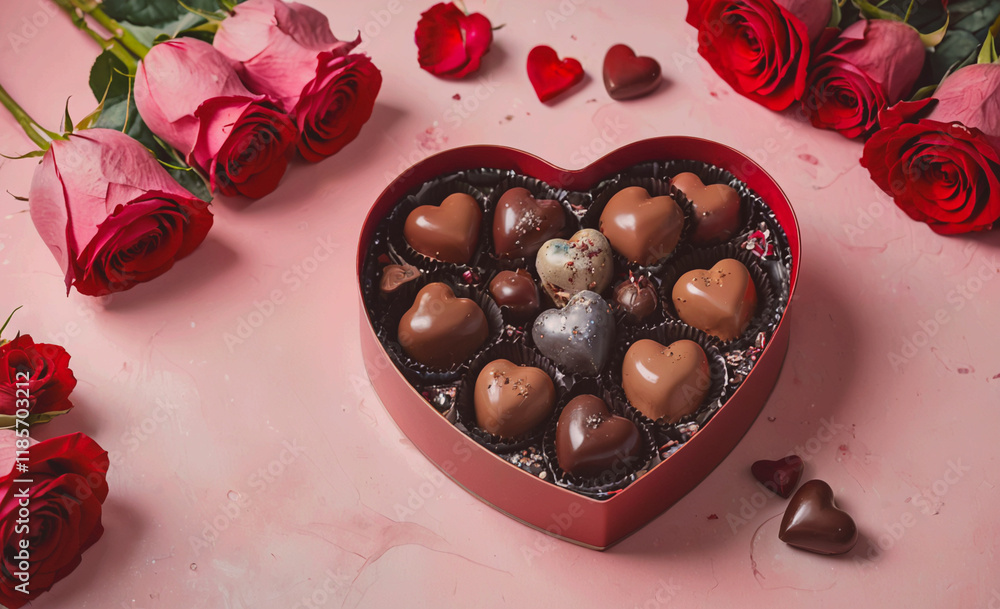 Poster box of chocolates with a heart shape. the chocolates are in the shape of hearts and are in a red box