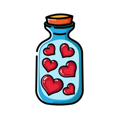 Made in uk A whimsical illustration of a glass bottle filled with red hearts, symbolizing love and affection.