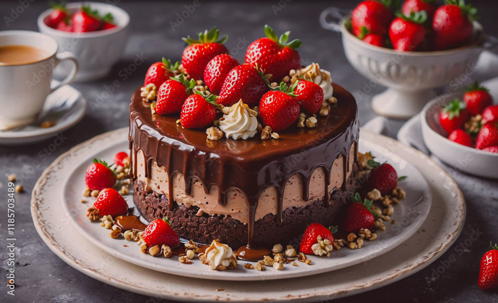 Poster chocolate cake with strawberries on top. there are also strawberries in a bowl. the cake is on a whi