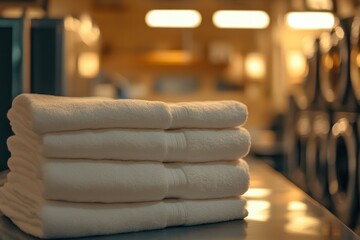 Neat stack of fluffy white towels. Ideal for hotel, spa, or laundry concepts.