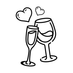 Made in uk Two glasses clinking, hearts floating, symbolize love and celebration Line art.