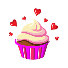 Made in uk A delightful illustration of a cupcake adorned with pink frosting and surrounded by hearts, perfect for Valentine's Day.