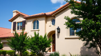 Fototapeta premium Tan stucco house with red tile roof. Large windows and dark shutters. Lush green landscaping. Exterior features include an arched entryway and decorative light fixture.
