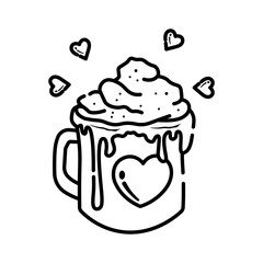 Made in uk A delightful illustration line art of a hot chocolate mug topped with whipped cream, chocolate drizzle and hearts. Perfect for Valentine's Day.