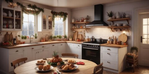 A festive holiday kitchen with baking and cooking, warm ambiance, culinary creations, baking treats