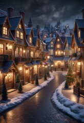 Fototapeta premium A festive Christmas village with sparkly houses and glittery streets, festive decor, holiday atmosphere, wintery wonderland