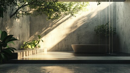 Sunlit modern bathroom with concrete walls and abundant greenery.