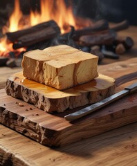 A block of rich browned butter rests on a weathered wooden platter, adjacent to a sharp blade, with the faint outline of a wood fire visible in the background, wooden, melted