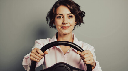 Happy female driver holding steering wheel against grey background, representing driving school, student confidence, safe driving training, learning process, promotion driving courses