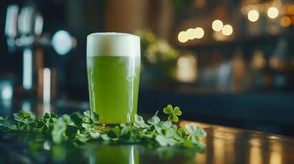 Green frothy beer in a traditional glass surrounded by clover leaves on a bar counter celebrating St Patricks Day