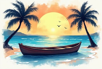 Tranquil Sunset Scene with Wooden Boat and Palm Trees