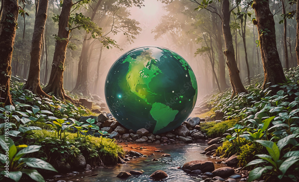 Poster green globe is in the middle of a forest. the globe is surrounded by rocks and plants