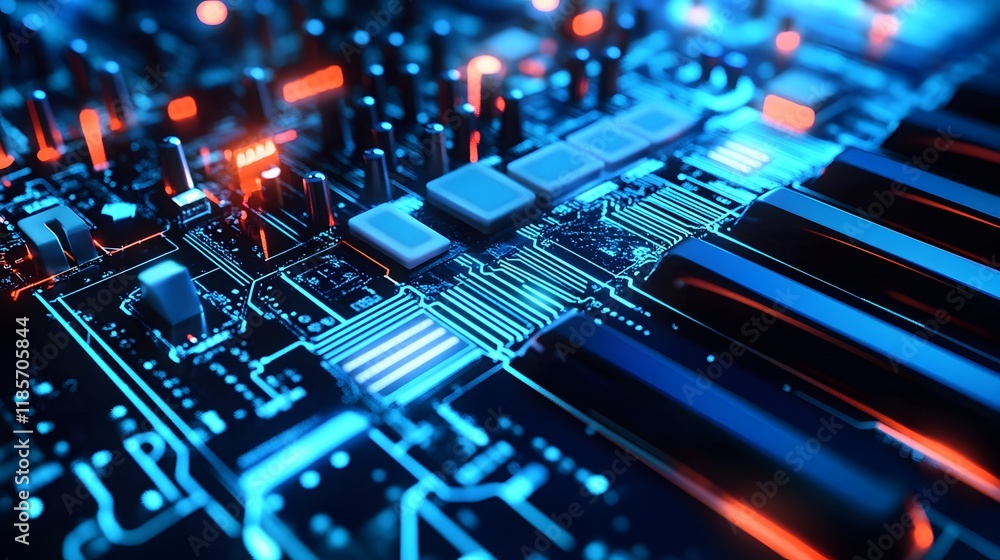 Poster futuristic circuit board synth keyboard design