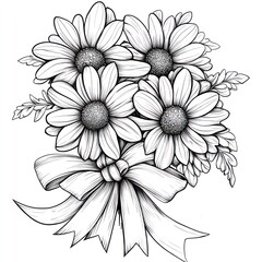 Monochrome daisy bouquet, ribbon tied, white background, coloring page