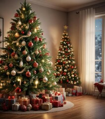 A beautifully decorated Christmas tree with a variety of ornaments and lights, evergreen tree, winter wonderland, ornaments