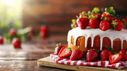 Delicious cake topped with fresh strawberries and cream, perfect for celebrations