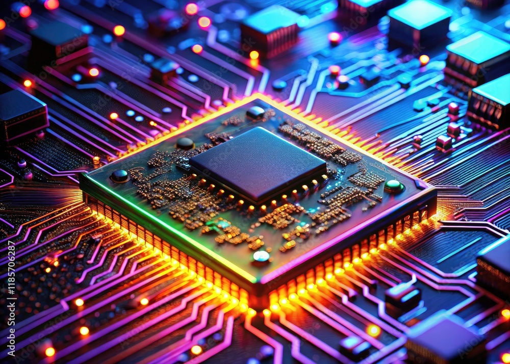Poster neon-lit microchip explodes with detail; a stunning close-up of intricate circuitry.