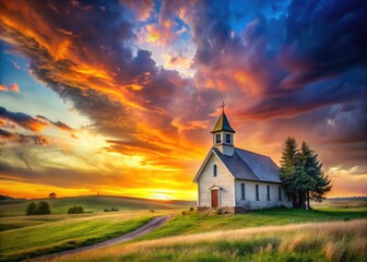 Fototapeta premium Panoramic view: sunset paints the sky above a rustic church nestled in serene farmland.
